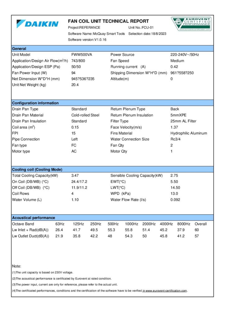 FWW500VA software selection sheet preview